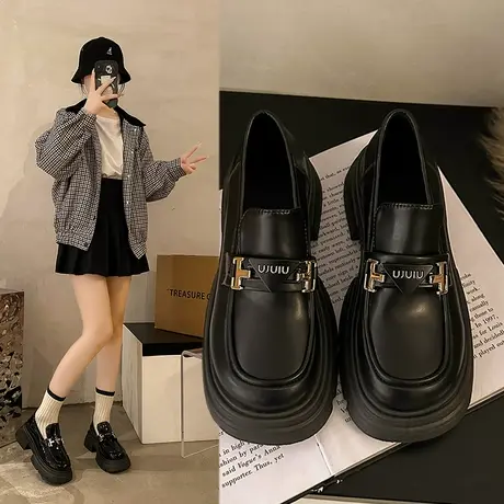 乐福鞋女2024新款春秋一脚蹬女鞋小个子增高厚底单鞋英伦风小皮鞋图片
