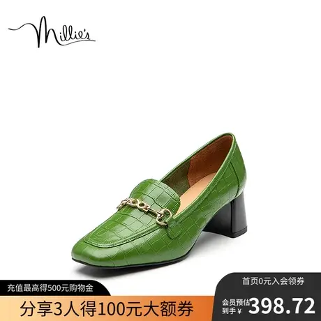 millie's/妙丽新款时尚百搭金属扣牛皮升职乐福小皮鞋粗跟女单鞋图片