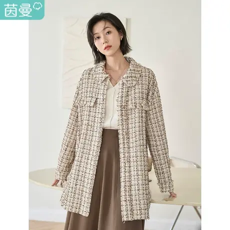 茵曼2023春女装新款袖口开叉钉扣设计翻领落肩长袖宽松格子外套图片