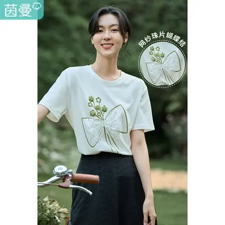 茵曼印花短袖t恤女夏季2023新款网纱珠片蝴蝶结圆领薄款气质上衣图片