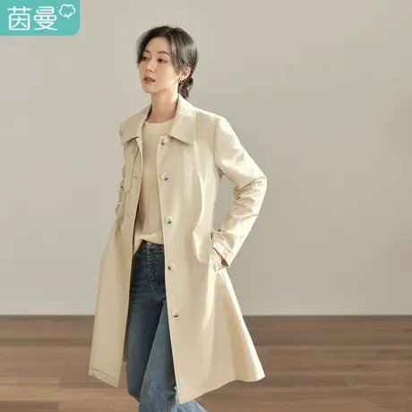 【商场同款】茵曼秋女装新款法式印花丝巾翻领正肩风衣外套图片