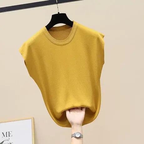 欧货纯色百搭半袖冰丝针织小衫女2023夏新款网红显瘦短袖T恤上衣商品大图