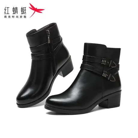 红蜻蜓短靴女加绒粗跟女靴子高跟鞋时尚保暖水钻侧拉链靴子女棉鞋商品大图