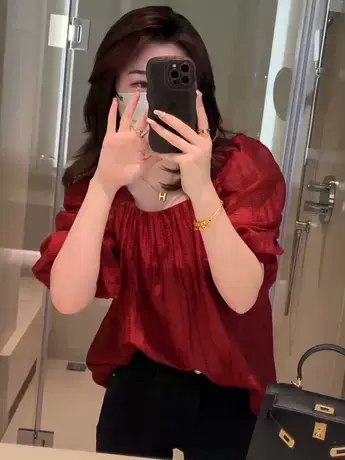 韩系褶皱时尚气质纯色方口领衬衫女2023夏季新款百搭泡泡袖上衣潮商品大图