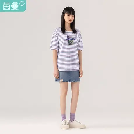 【商场同款】茵曼2023特价清仓风景印花英文绣花条纹T恤休闲图片