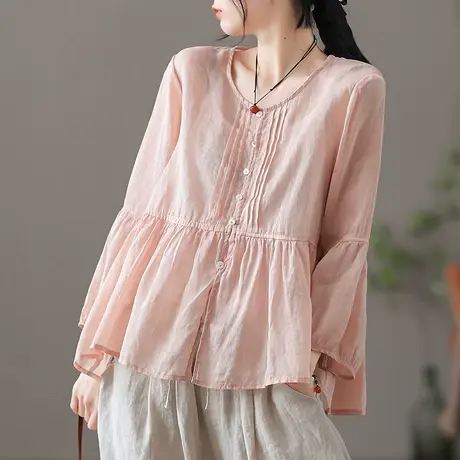 dza 复古高端苎麻上衣女士短袖衬衫夏季薄款气质漂亮外搭棉麻开衫图片