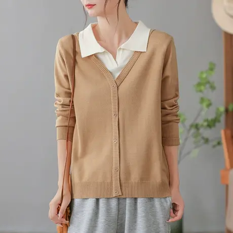 dza 复古衬衫领假两件针织衫女士春秋宽松开衫上衣休闲毛衣外套女图片