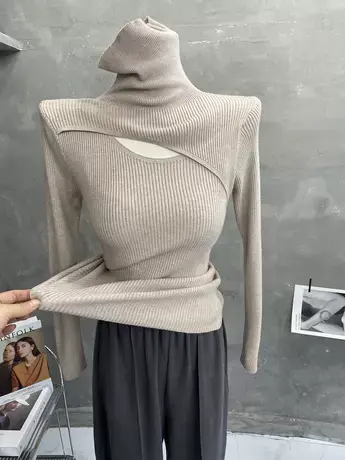 ins超火燕麦色！高领打底衫女镂空设计感修身洋气2022秋冬新款潮商品大图