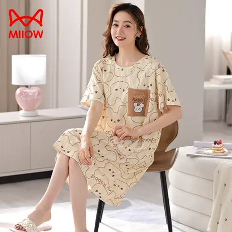 猫人睡裙夏季女款可爱甜美纯棉睡衣圆领短袖中长款大码宽松家居服商品大图