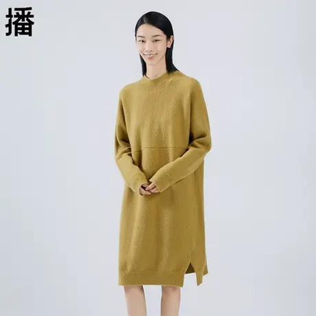播冬季新款针织圆领拼接设计下摆开衩拼接毛织连衣裙女BDO4LD0569图片