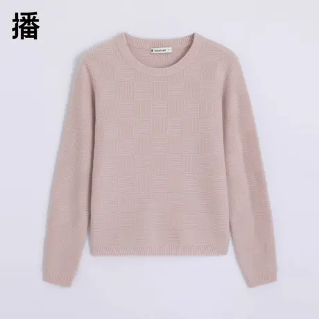 播针织衫女2023冬季新款圆领简约暗格纹纯色简约100%羊绒毛衫毛衣商品大图