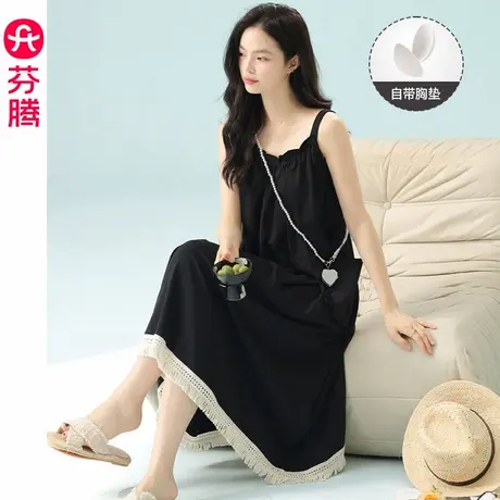 芬腾吊带带胸垫睡裙女夏季纯棉薄款无袖睡衣宽松休闲连衣裙家居服图片