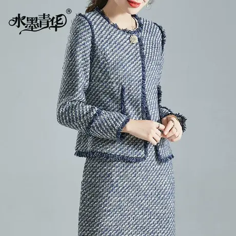 水墨青华冬装新款简约时尚百搭粗花呢短款外套女图片