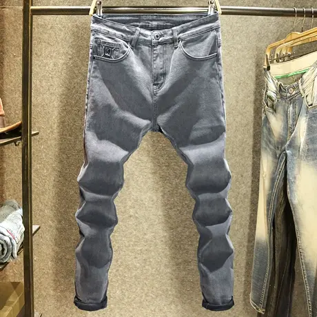 2023年新款烟灰色修身小脚牛仔裤男款秋季休闲百搭水洗弹力长裤子图片