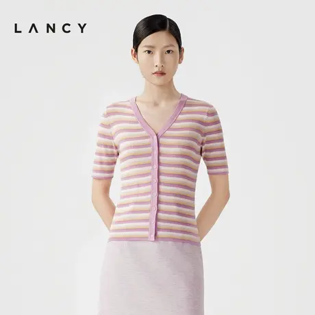 LANCY/朗姿2024夏季新款气质减龄短袖条纹V领针织衫女修身短上衣图片