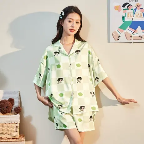 唐狮开衫两件套装遛弯可外穿家居服夏季睡衣女棋盘格冰丝翻领短袖商品大图