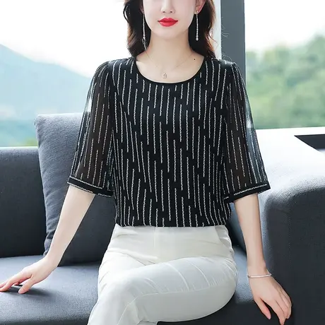 中袖雪纺衫女2023年夏季新款宽松条纹洋气减龄别致女上衣薄款衬衫商品大图