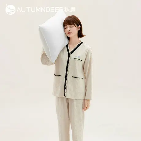 秋鹿【清仓仅剩大码】v领对襟睡衣女款秋款简约女春秋纯棉套装商品大图