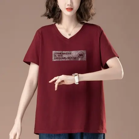 v领短袖t恤女夏季新款加肥加大码女装宽松中年妈妈烫钻纯棉体恤衫商品大图
