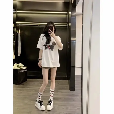 潮牌中长款小众tb小狗印花短袖t恤女2025夏季宽松百搭休闲上衣ins商品大图