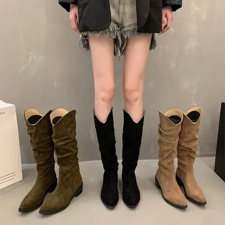 气质靴子女2023新款夏季复古ins高筒靴百搭v口尖头粗跟高跟堆堆靴商品大图