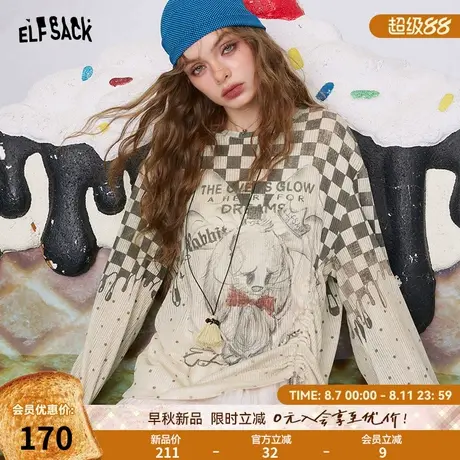 妖精的口袋棋盘格印花抽褶长袖t恤女2025年早秋新款松弛薄款上衣商品大图