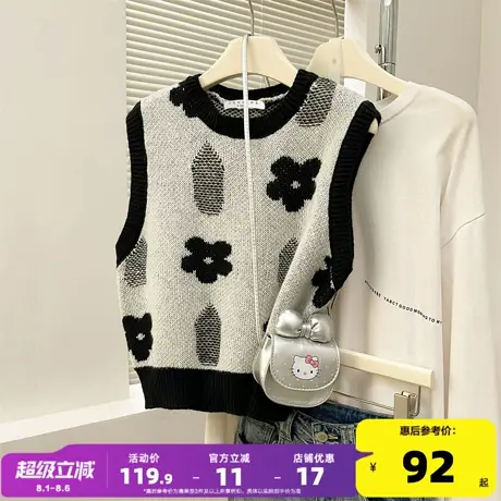唐狮2025秋冬新款圆领针织衫女毛衣背心撞色艺术感花朵图案马甲yd商品大图