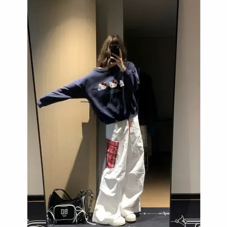 复古美式猫咪印花斜领露肩卫衣女早秋时尚气质藏青色宽松慵懒上衣商品大图