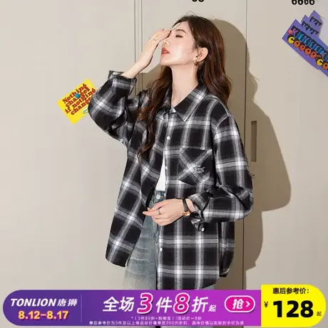 唐狮2025年新款长袖衬衫女黑白格子翻领美式复古上衣宽松外套潮bl图片