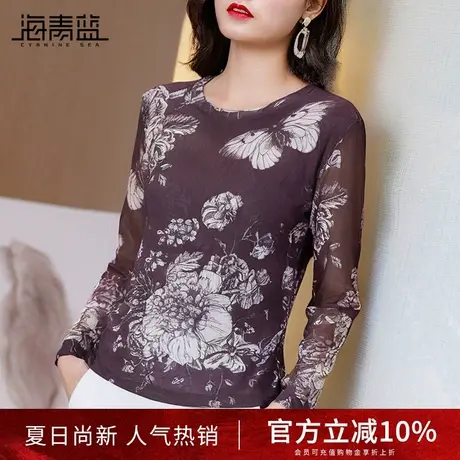 海青蓝高级感圆领网纱长袖t恤女2024春秋新款小众洋气印花打底衫商品大图