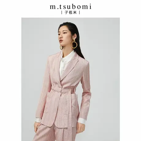 子苞米长袖西装女修身显瘦2023春季新款气质腰带棉质上衣西服外套商品大图