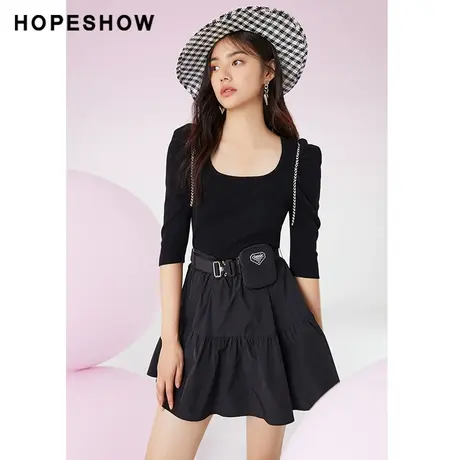 红袖outlets蓬蓬袖套头针织衫hopeshow春季新款女装修身显瘦毛衣图片