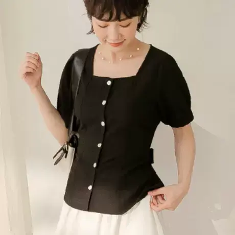 桔熊夏季复古甜美暗纹蝴蝶结收腰泡泡袖方领上衣女装大码AB17246商品大图