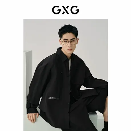 【X】GXG男装黑色口袋设计户外休闲宽松翻领长袖衬衫男士24年夏季商品大图