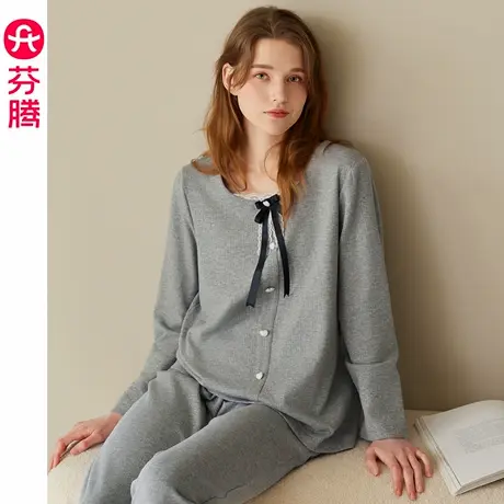 芬腾纯棉睡衣女春秋季长袖长裤套装女款抗菌休闲大码可外穿家居服商品大图