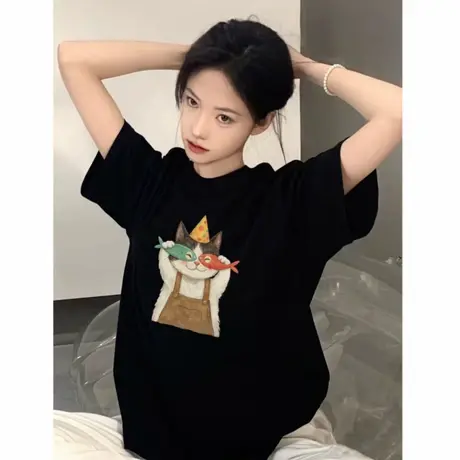 纯棉美式复古喵星人短袖t恤女2025新款设计感小众落肩半袖上衣潮商品大图