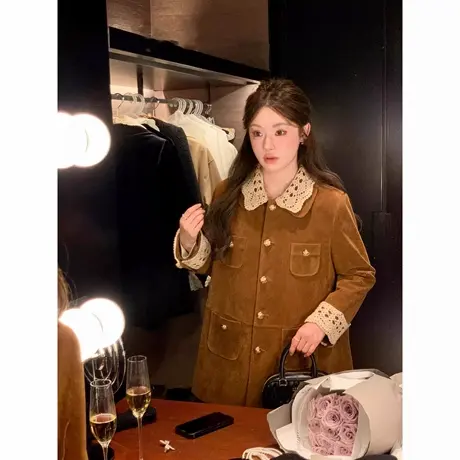 爵莱菲大码MIU系复古翻领中长款麂皮丝绒外套工装风衣女美拉德商品大图