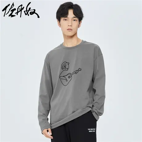 佐丹奴T恤男装纯棉线条人像刺绣宽松圆领长袖T恤 18022708商品大图