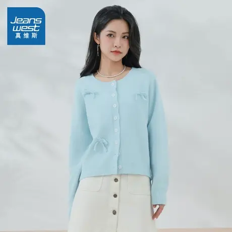 KF真维斯女装清新蓝色圆领气质开衫2025秋新品女式休闲针织外套商品大图