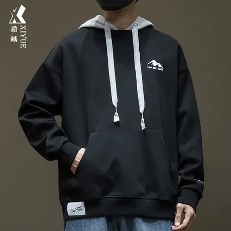 美式假两件连帽卫衣男秋季宽松大码380g套头潮牌刺绣打底衫上衣潮商品大图