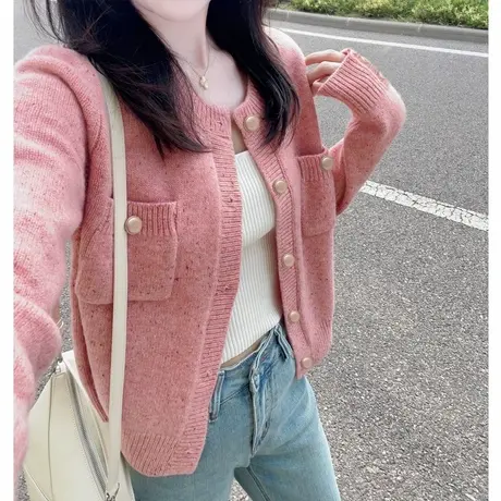 唐狮秋冬小香风花纱设计针织开衫女春秋外套高级感气质毛衣女tu图片