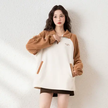 唐狮春秋季新款polo领插肩袖休闲卫衣女韩系设计感半高领卫衣TD商品大图