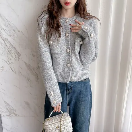 唐狮新款冬季小香风开衫女毛衣条纹圆领针织衫花纱百搭外套TD商品大图