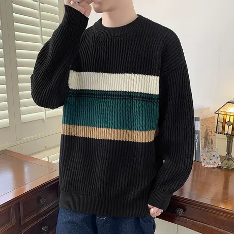 圆领毛衣男秋冬新款休闲宽松撞色针织衫男生秋季加厚慵懒风线衣服商品大图