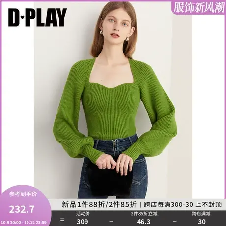 DPLAY2023新慵懒风重磅加厚安第斯绿宫廷领灯笼袖修身针织毛衣商品大图