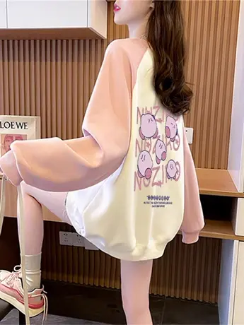 撞色圆领卫衣女春秋2023新款宽松韩版大码oversize爆款插肩袖外套图片