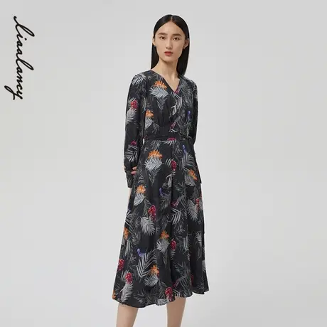 LANCY/真丝印花连衣裙俪雅朗姿秋季新款长袖通勤印花裙子女图片