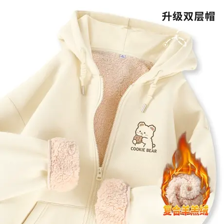 ZR真维斯冬季杏色加绒连帽卫衣女2023新款羊羔绒美式加厚开衫外套商品大图