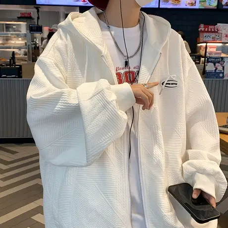 提花拉链开衫卫衣男秋冬季新款复古纯色连帽上衣宽松潮流休闲外套图片