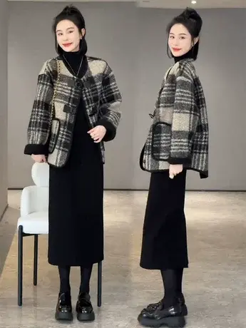 高级感撞色格子羊羔毛外套女士2023秋冬时尚百搭圆领毛呢长袖上衣图片